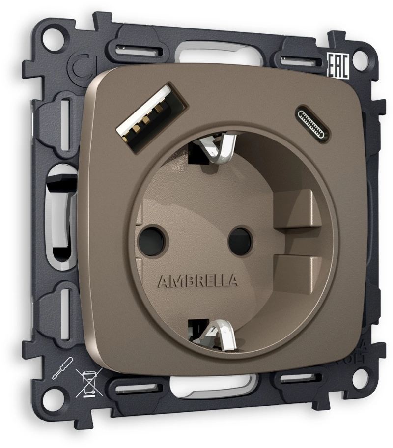 Комплект механизма электрической розетки OMEGA MO640010 Темная бронза матовый 2USB A+C 20W 3000mA (быстрая зарядка) 180-220V/50Hz (5V3A, 9V2.22A, 12V1.66A) с заземлением со шторками 16A-250V 50Hz 2P+E QUANT (OP6400, VM160) Комплект механизма электрической розетки OMEGA MO640010 Темная бронза матовый 2USB A+C 20W 3000mA (быстрая зарядка) 180-220V/50Hz (5V3A, 9V2.22A, 12V1.66A) с заземлением со шторками 16A-250V 50Hz 2P+E QUANT (OP6400, VM160)