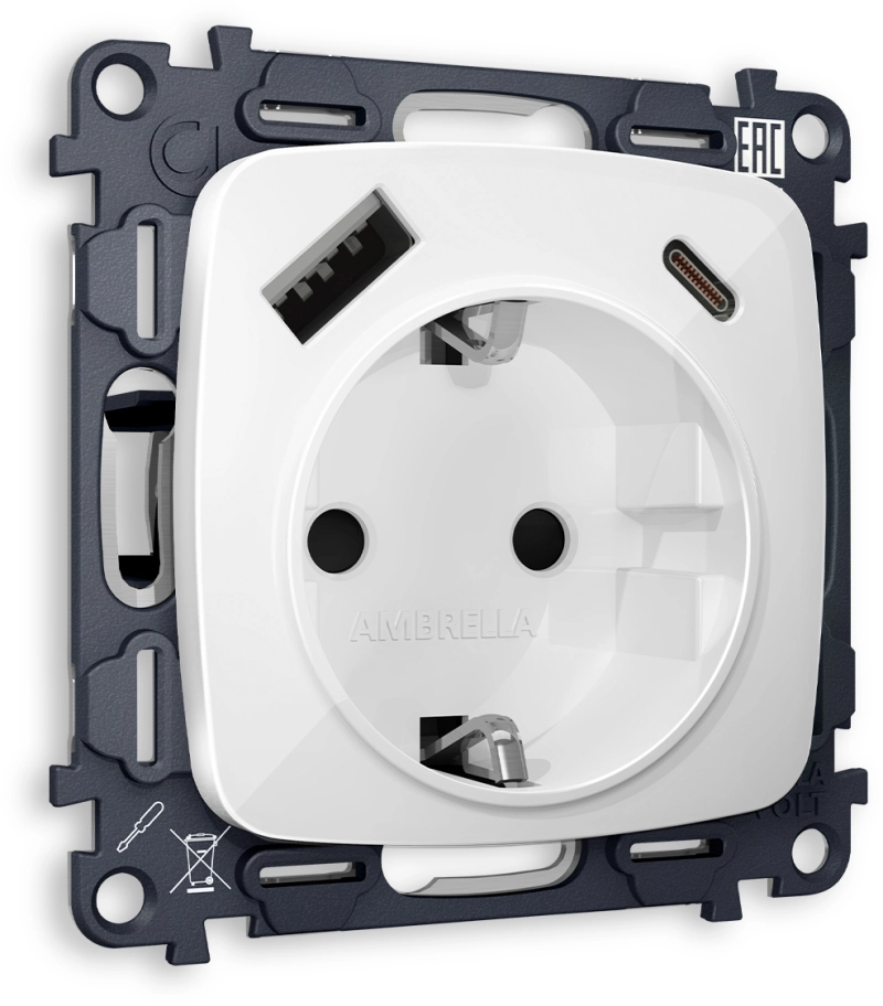 Комплект механизма электрической розетки OMEGA MO110010 Белый глянец 2USB A+C 20W 3000mA (быстрая зарядка) 180-220V/50Hz (5V3A, 9V2.22A, 12V1.66A) с заземлением со шторками 16A-250V 50Hz 2P+E QUANT (OP1100, VM160) Комплект механизма электрической розетки OMEGA MO110010 Белый глянец 2USB A+C 20W 3000mA (быстрая зарядка) 180-220V/50Hz (5V3A, 9V2.22A, 12V1.66A) с заземлением со шторками 16A-250V 50Hz 2P+E QUANT (OP1100, VM160)