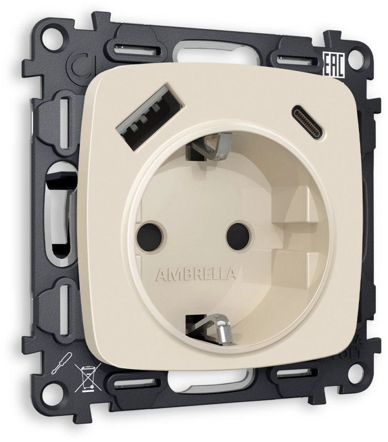 Комплект механизма электрической розетки OMEGA MO330010 Бежевый матовый 2USB A+C 20W 3000mA (быстрая зарядка) 180-220V/50Hz (5V3A, 9V2.22A, 12V1.66A) с заземлением на винтовых зажимах 16A-250V 50Hz 2P+E QUANT (OP3300, VM160) Комплект механизма электрической розетки OMEGA MO330010 Бежевый матовый 2USB A+C 20W 3000mA (быстрая зарядка) 180-220V/50Hz (5V3A, 9V2.22A, 12V1.66A) с заземлением на винтовых зажимах 16A-250V 50Hz 2P+E QUANT (OP3300, VM160)