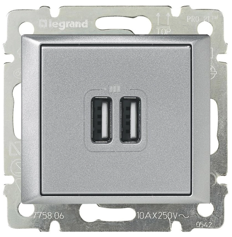 Двойная USB зарядка Legrand Valena (алюминий) Двойная USB зарядка Legrand Valena (алюминий)