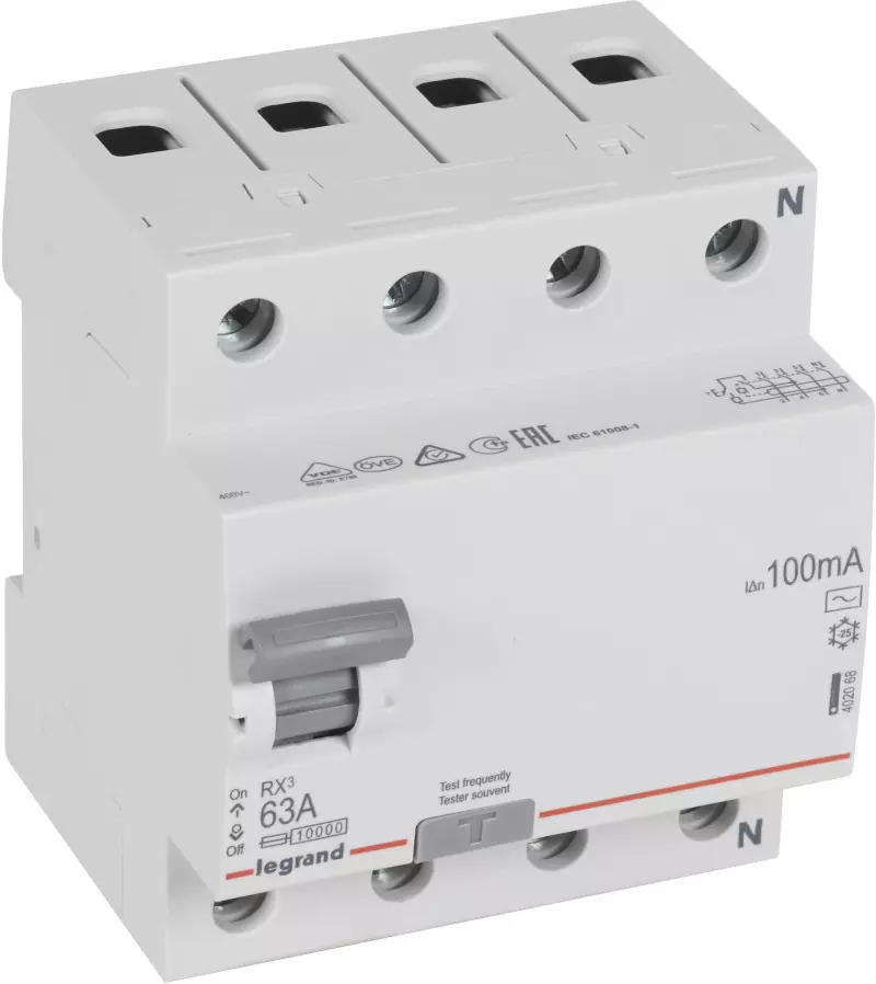 Устройство защитного отключения (УЗО/ВДТ) Legrand RX3 - 4P - 63A - AC - 100mA Устройство защитного отключения (УЗО/ВДТ) Legrand RX3 - 4P - 63A - AC - 100mA