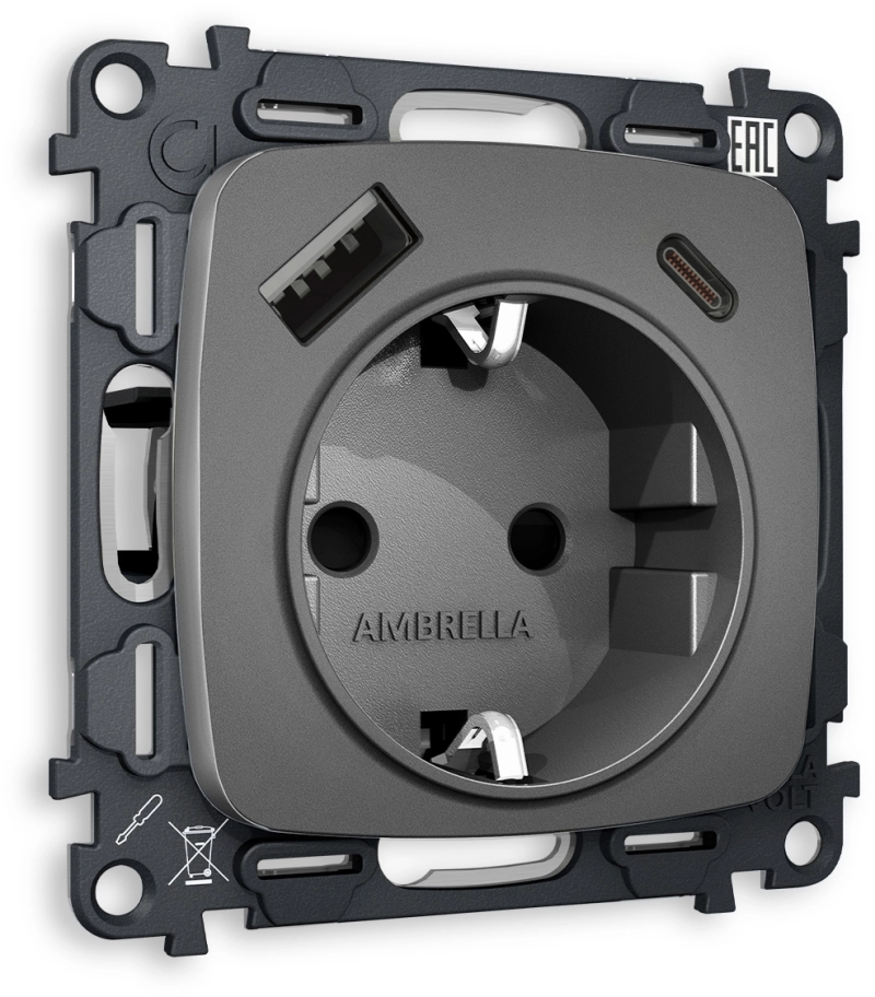 Комплект механизма электрической розетки OMEGA MO660010 Антрацит серый 2USB A+C 20W 3000mA (быстрая зарядка) 180-220V/50Hz (5V3A, 9V2.22A, 12V1.66A) с заземлением со шторками 16A-250V 50Hz 2P+E QUANT (OP6600, VM160) Комплект механизма электрической розетки OMEGA MO660010 Антрацит серый 2USB A+C 20W 3000mA (быстрая зарядка) 180-220V/50Hz (5V3A, 9V2.22A, 12V1.66A) с заземлением со шторками 16A-250V 50Hz 2P+E QUANT (OP6600, VM160)