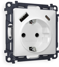 Комплект механизма электрической розетки ALFA MA130010 Белый матовый 2USB A+C 20W (быстрая зарядка) с заземлением со шторками (AP1300, VM160) Комплект механизма электрической розетки ALFA MA130010 Белый матовый 2USB A+C 20W (быстрая зарядка) с заземлением со шторками (AP1300, VM160)