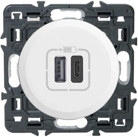 Зарядное устройство USB Legrand, USB-A + USB-C, 3A (Белый) Зарядное устройство USB Legrand, USB-A + USB-C, 3A (Белый)