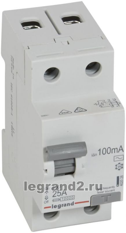 УЗО 2 полюса 100mA 25А 2М (AC) УЗО 2 полюса 100mA 25А 2М (AC)